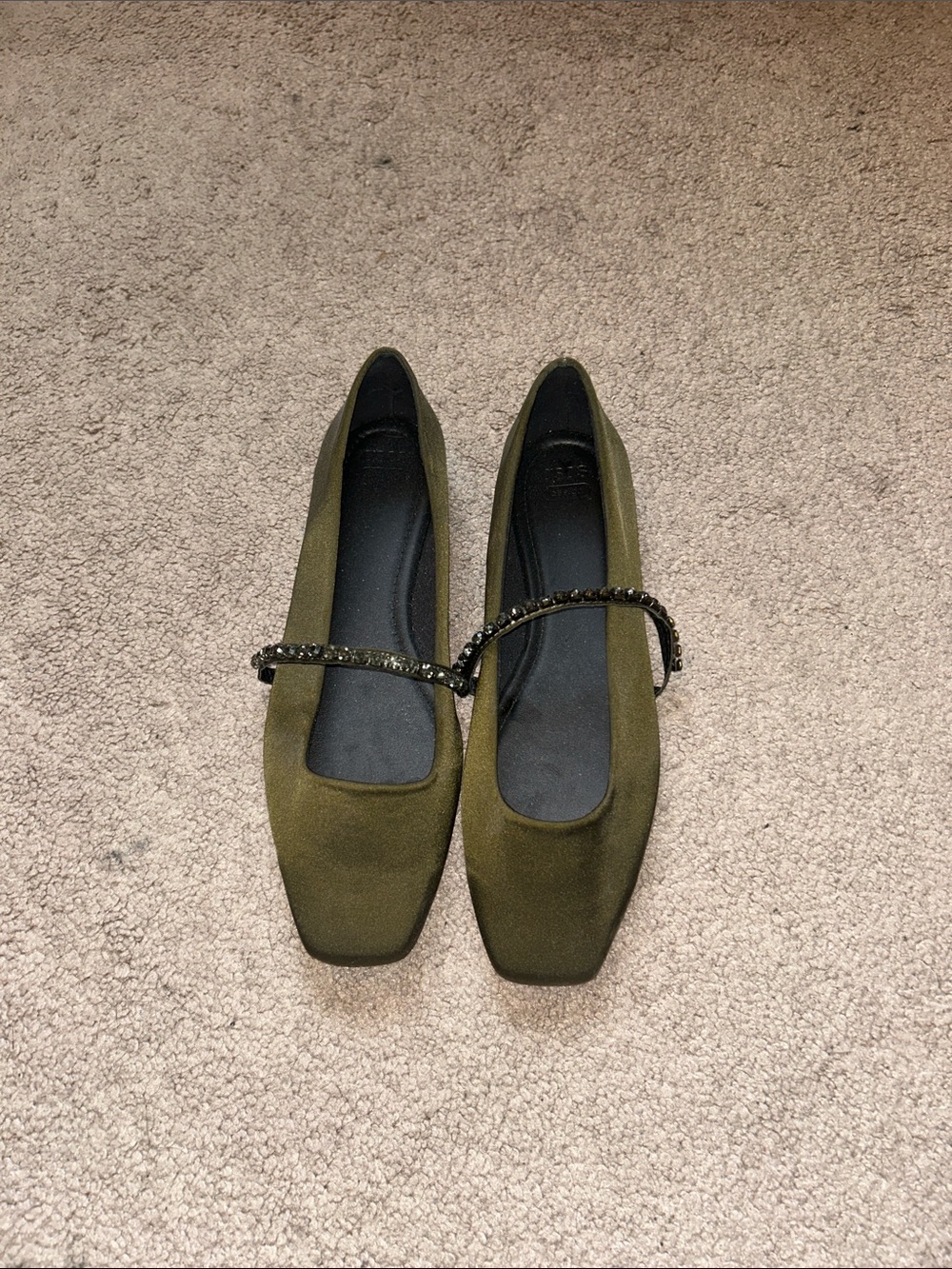 ASOS Olive Green Square-Toe Mary Jane Flats with Beaded Strap